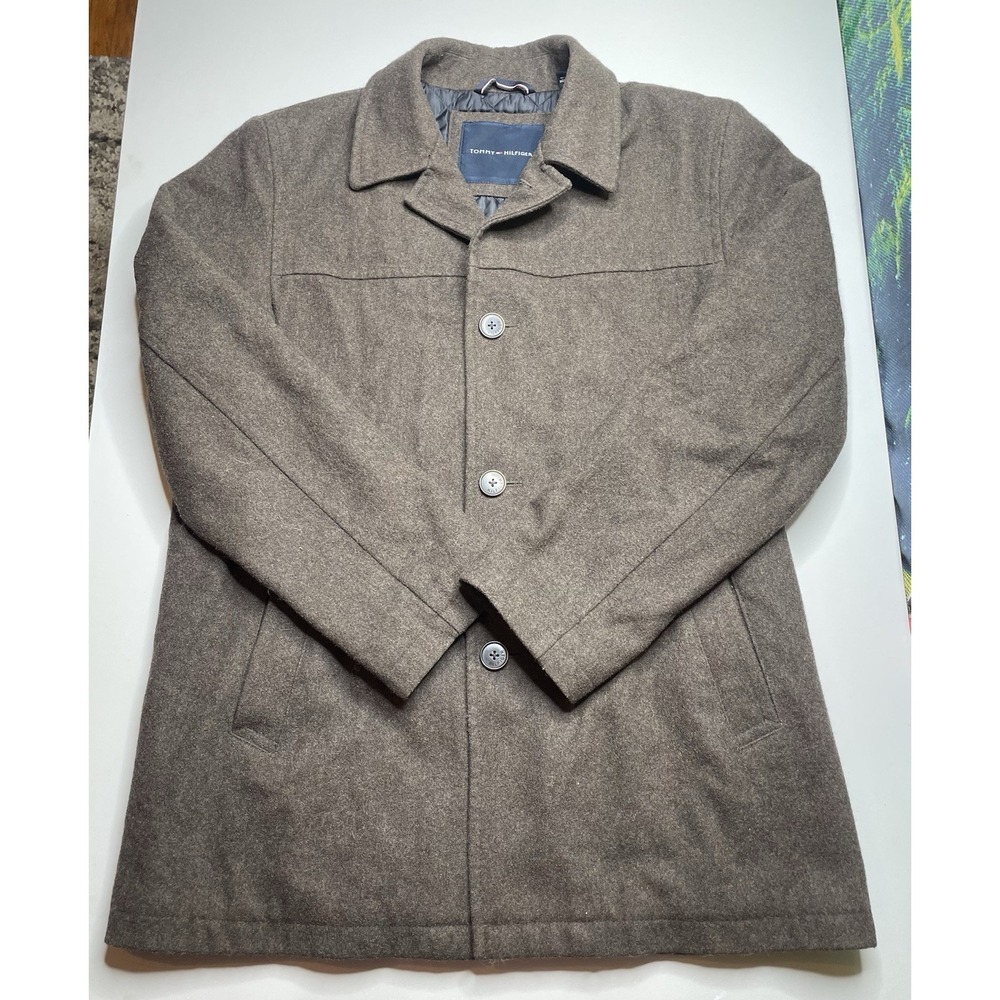 Tommy Hilfiger Car Coat Mens Large Brown Wool Blend Quilted Lining Button Front
